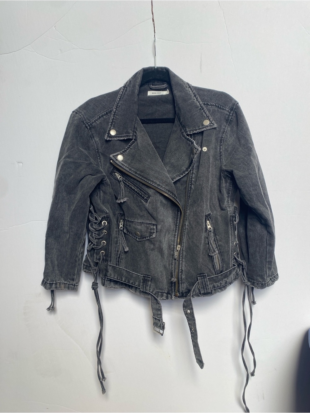 Washed Black Lace-Up Moto Jacket (S)